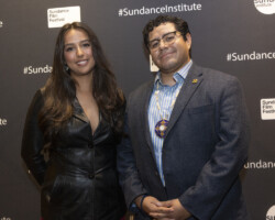 'Menil and Her Heart' director Isabella Madrigal and 'Native Sin' director Stefan Perez pose together on the press line for the 2026 Indigenous Film Tour's stop in Sebastopol. Photographer: Lori Eanes