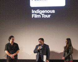 Indigenous Program director Adam Piron joins Stefan Perez, director of ‘Native Sin’, and Isabella Madrigal, director of ‘Menil and Her Heart’, on stage for introductions. Photographer: Lori Eanes