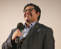 Graton Fellowship alum and 'Native Sin' director Stefan Perez introduces the 2026 Indigenous Film Tour screening in Sebastopol. Photographer: Lori Eanes