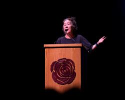 Producer and festival alum Christine Vachon reminisces with the audience at the Mostly True Stories From the Sundance Film Festival event in Denver. Photographer: Devon Wycoff