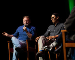 Rian Johnson and Jeff Orlowski-Yang share the stage during a panel discussion at the Mostly True Stories From the Sundance Film Festival event. Photographer: Devon Wycoff